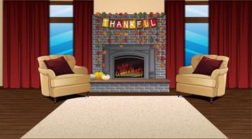 scène de fond sur le thème de l'action de grâces avec cheminée de salon, fenêtres, fauteuils et décorations d'automne. illustration vectorielle vecteur