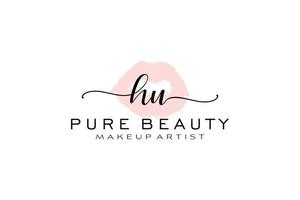 création initiale de logo préfabriqué pour les lèvres aquarelles hu, logo pour la marque d'entreprise de maquilleur, création de logo de boutique de beauté blush, logo de calligraphie avec modèle créatif. vecteur