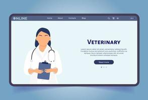 médecin vétérinaire en ligne. magasin de soins aux animaux. modèle de page de destination pour animalerie. consultant vétérinaire. écran pour ui, web. style de dessin animé plat. vecteur