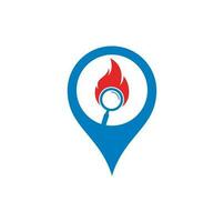 vecteur de conception de modèle de logo de concept de forme de broche de carte de recherche d'incendie. trouver le modèle de conception de logo de feu. icône feu et loupe
