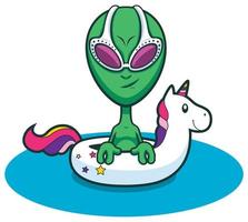 extraterrestre nageant avec une licorne gonflable vecteur