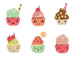 délicieux cupcakes dans un style kawaii. conception d'illustration vectorielle de desserts. vecteur