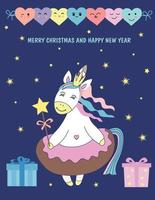 carte postale avec une jolie licorne princesse. joyeux anniversaire lettrage. illustration vectorielle sur fond violet foncé. vecteur