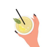 illustration de la main d'une femme avec un cocktail, du jus avec une tranche de citron et une menthe à la main. concept de bonne nutrition et de mode de vie sain. vecteur