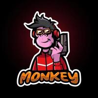 logo de mascotte de dessin animé de singe geek. chimpanzé tenant un pistolet illustration de conception animale vecteur pour le jeu esport club sport d'équipe