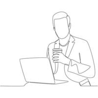 homme d'affaires avec ordinateur portable tenant une tasse de café dessin au trait continu vecteur
