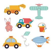 une collection de jouets pour enfants. voiture, avion, lièvre, cerf-volant, seau avec spatule vecteur