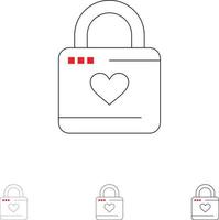 verrouiller casier coeur coeur hacker coeur verrouiller audacieux et mince ligne noire jeu d'icônes vecteur