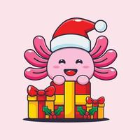 mignon axolotl avec cadeau de noël. illustration de dessin animé de noël mignon. vecteur