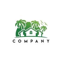 logo du domaine du coucher du soleil, plage de vacances avec palmier et logo de la maison vecteur