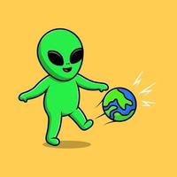 Alien mignon jouant à l'illustration d'icônes vectorielles de dessin animé de terre de football. concept de dessin animé plat. adapté à tout projet créatif. vecteur