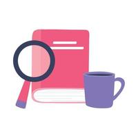 formation en ligne, loupe de livre et tasse à café, éducation et cours d'apprentissage numérique vecteur