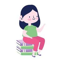 petite étudiante fille assise sur une pile de livres école de dessin animé isolé icône design fond blanc vecteur