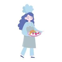 rester à la maison, femme chef avec de la nourriture dans un dessin animé de plateau, cuisiner des activités de quarantaine vecteur