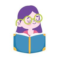 petite fille étudiante avec des lunettes lecture livre personnage de dessin animé icône isolé vecteur