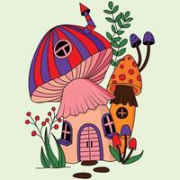 jolie maison aux champignons avec décoration de fleurs illustration à colorier illustrations vectorielles vecteur