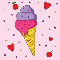 crème glacée colorée fraîche avec du chocolat et des cerises décorées d'illustrations vectorielles vecteur