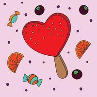 jolie glace rouge en forme d'amour avec une tranche de chocolat et de citron décorée d'illustrations vectorielles d'arrière-plan vecteur