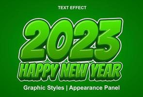 effet de texte du nouvel an 2023 avec couleur verte modifiable. vecteur