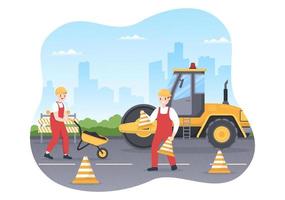ouvriers de la construction de routes et de l'entretien des autoroutes travaillant sur des routes asphaltées avec une foreuse sur une illustration de modèle de dessin à la main de dessin animé plat