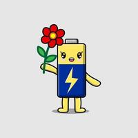 personnage de batterie de dessin animé mignon tenant une fleur rouge vecteur