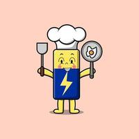 chef de batterie de dessin animé mignon tenant une casserole et une spatule vecteur