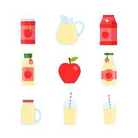 boisson aux pommes rouges en boîte, tasse en plastique et tasse en verre isolées sur fond blanc, jus et smoothie vecteur