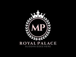 lettre mp logo victorien de luxe royal antique avec cadre ornemental. vecteur