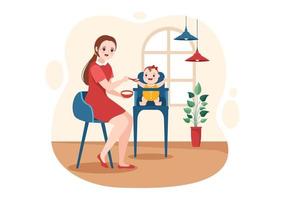 services de baby-sitter ou de nounou pour s'occuper de répondre aux besoins de bébé et jouer avec les enfants sur une illustration de modèle dessiné à la main de dessin animé plat vecteur