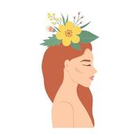 une jeune fille rousse avec des fleurs sur la tête. illustration vectorielle vecteur