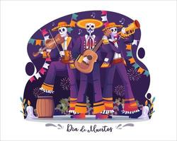 jour des morts, dia de los muertos avec un groupe de squelettes de musiciens mariachi jouant de la guitare, du violon et de la trompette lors d'une fête mexicaine. illustration vectorielle dans un style plat