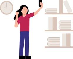 fille prenant selfie dans la bibliothèque. vecteur