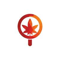 modèle vectoriel de conception de logo de recherche de cannabis. combinaison de logo feuille de marijuana et loupe. chanvre et symbole ou icône de loupe.