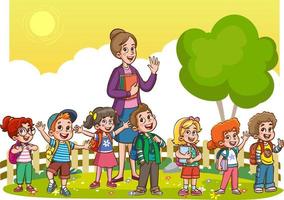 heureux mignons petits enfants garçon et fille étudient avec l'enseignant.illustrations de la vie scolaire des enfants joyeux. vecteur
