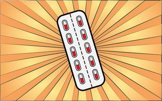 médicaments pharmacologiques médicaux rouges et blancs, blister pour comprimés et pilules pour les soins de santé sur fond de rayons jaunes abstraits. illustration vectorielle vecteur