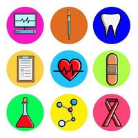 ensemble d'icônes rondes médicales, moniteur d'équipements médicaux, ordinateur, cardiogramme, dent, pipette, patch, flacon, comprimé, molécule, ruban adhésif. concept soins de santé, hôpitaux, médicaments, médecine vecteur