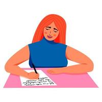 femme écrivant un texte sur un papier avec un stylo. assis à table. fille étudie. illustration vectorielle vecteur