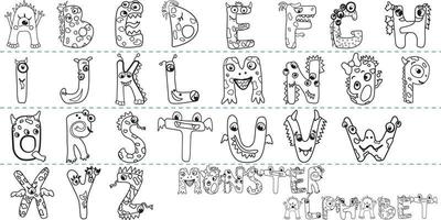 livre de coloriage alphabet anglais avec des monstres drôles. police alphabétique pour les enfants. éléments isolés pour l'éducation des enfants à colorier. l'éducation et le développement de l'enfant. s'amuser avec les polices vecteur