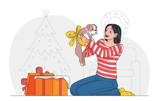 une fille adopte un chiot au moment des pattes du père Noël vecteur