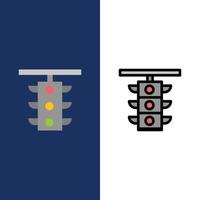 panneau lumineux station trafic train icônes plat et ligne remplie icône ensemble vecteur fond bleu
