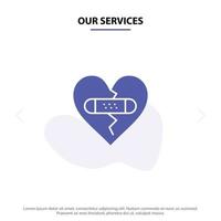 nos services émotions brisées pardon coeur amour solide glyphe icône modèle de carte web vecteur