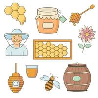 un ensemble de miel. pot de miel, nid d'abeille, abeille, apiculteur. vecteur