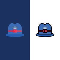 chapeau casquette icônes américaines plat et ligne remplie icône ensemble vecteur fond bleu
