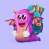 mignon monstre violet portant un cartable, sac à dos, retour à l'école vecteur
