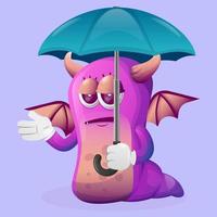mignon monstre violet tenant un parapluie avec une expression ennuyée vecteur