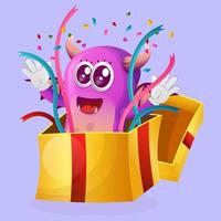 mignon monstre violet qui est apparu dans la boîte cadeau, surprenant vecteur