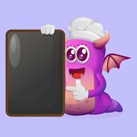 mignon monstre violet tenant un tableau noir de menu, un tableau de menu, un panneau d'affichage vecteur