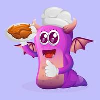 mignon monstre violet, chef servant de la nourriture vecteur