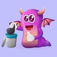 mignon monstre violet plaçant des déchets réutilisables dans une poubelle vecteur