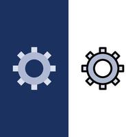 rouages engrenage réglage icônes plat et ligne remplie icône ensemble vecteur fond bleu